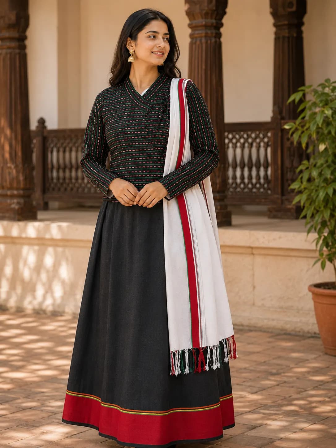Dhaka Stripe Cholo, Charcoal Skirt & Shawl Set