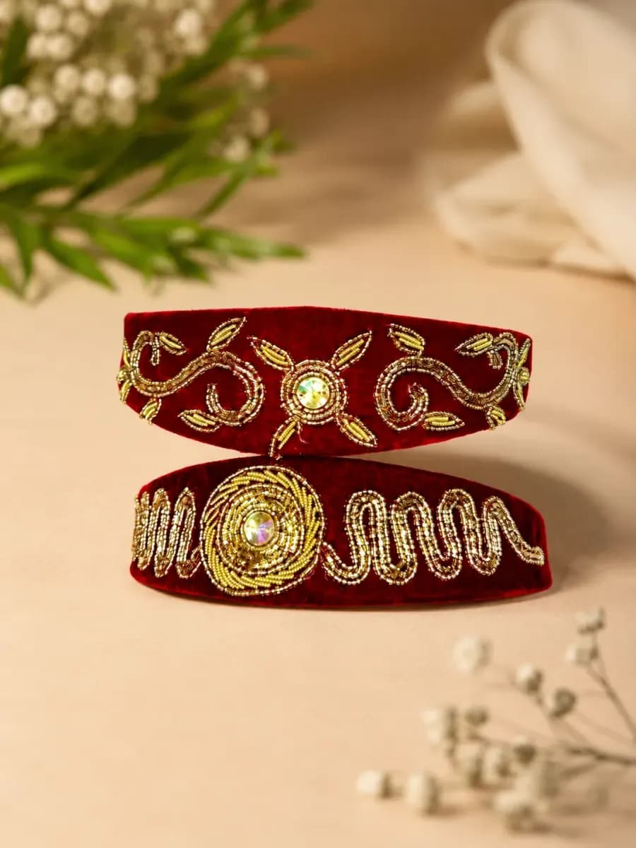 Embroidered Nepali Patuka – Red & Gold
