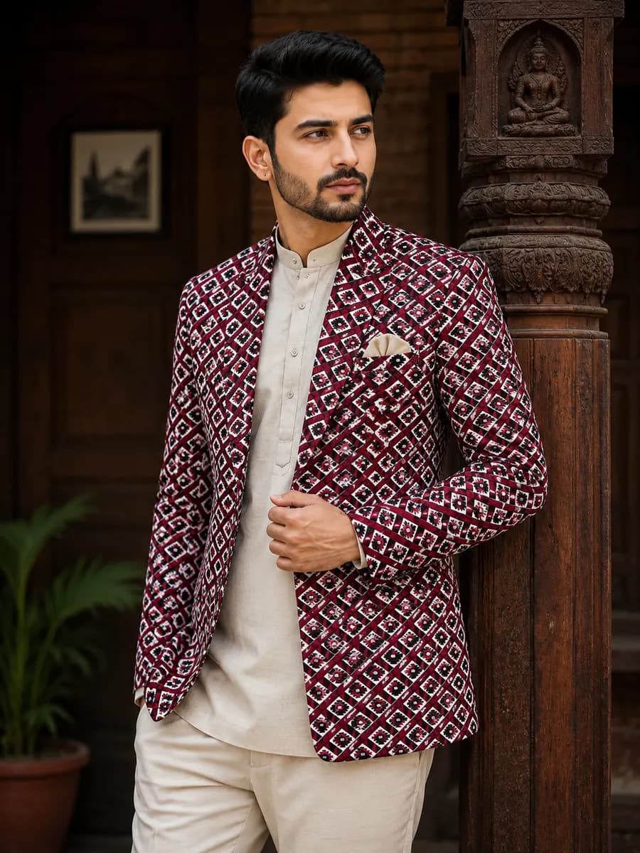 Himchuli Maroon Dhaka Blazer & Topi