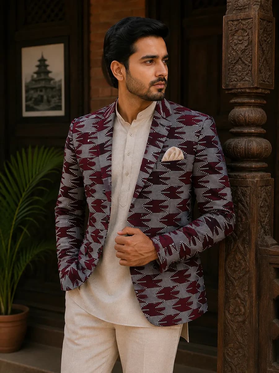 Kailash Maroon Dhaka Blazer & Topi