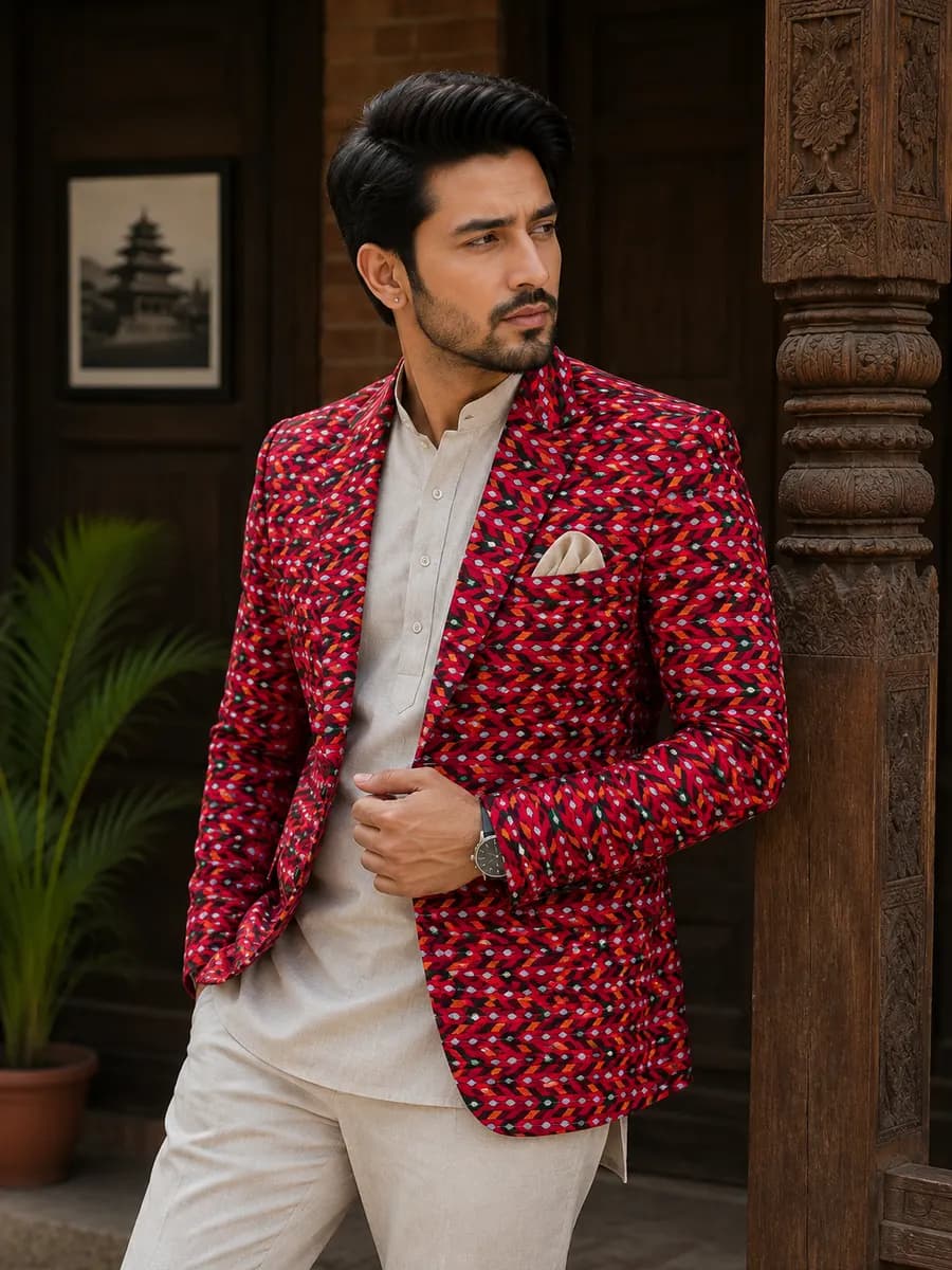 Lalupate Scarlet Dhaka Blazer & Topi
