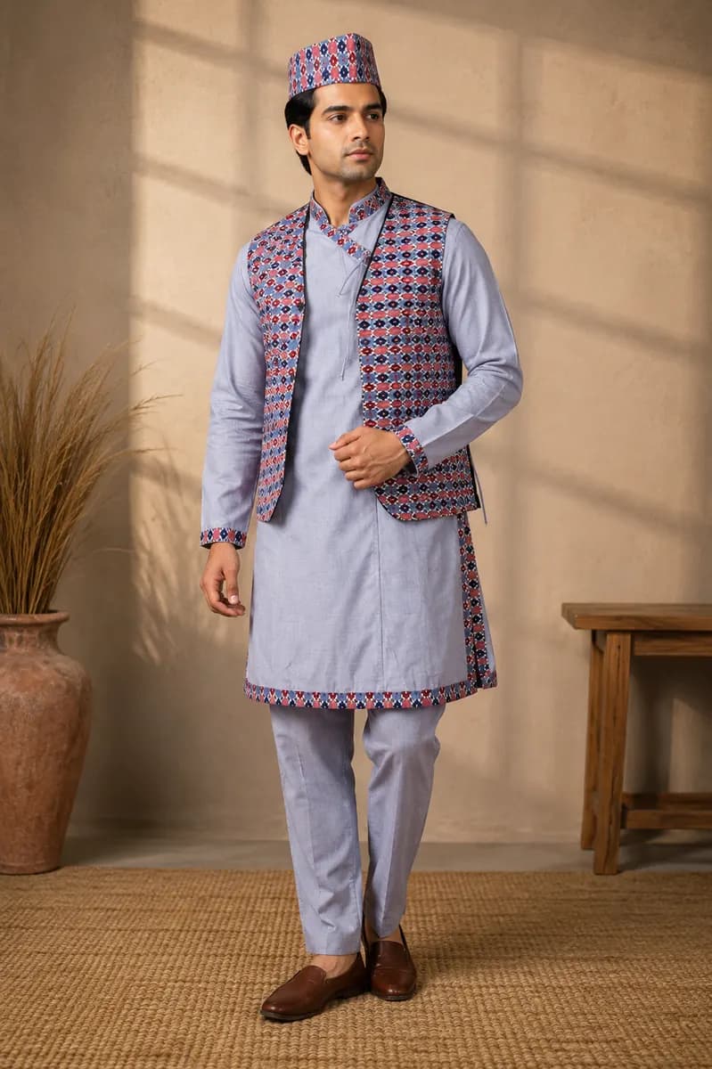 Lavender Daura Set with Dhaka Waistcoat & Topi