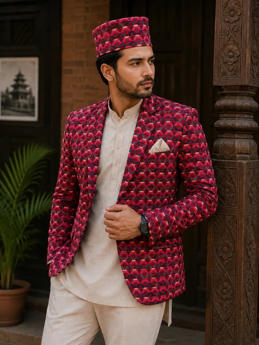 Makhmali Berry Dhaka Blazer & Topi