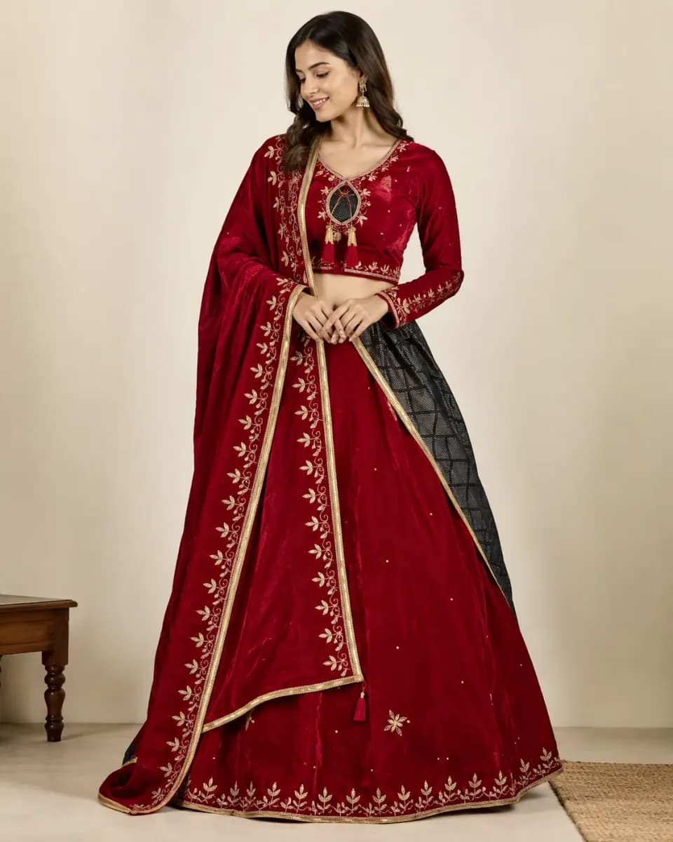 Maroon Red Velvet Embroidered Lehenga Choli Set