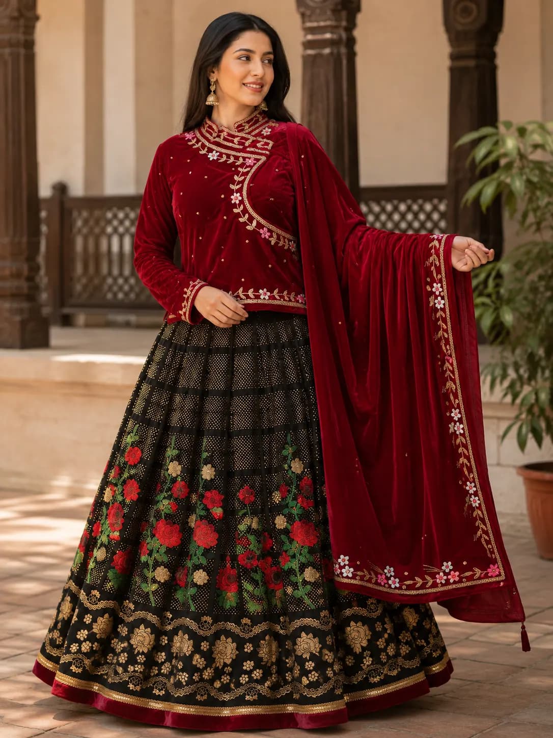 Maroon Velvet High-Neck Cholo & Rose Bloom Skirt Set