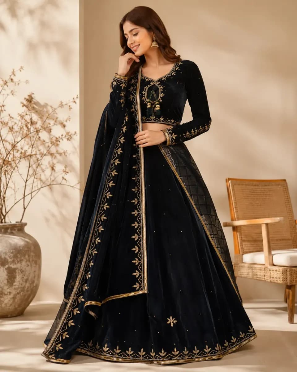 Midnight Black Velvet Embroidered Lehenga Choli Set