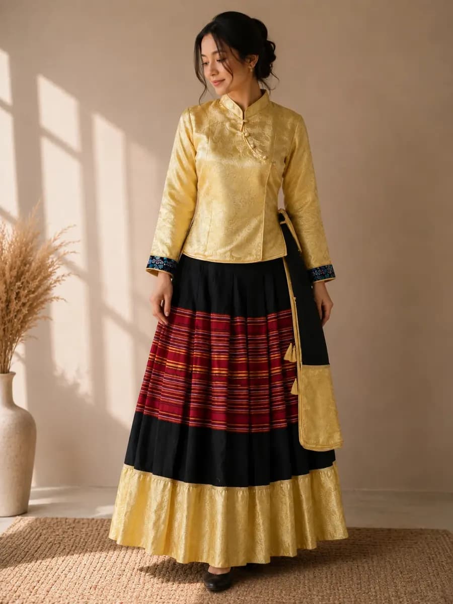 Nepali Traditional Gold & Black Cholo Lehenga Set