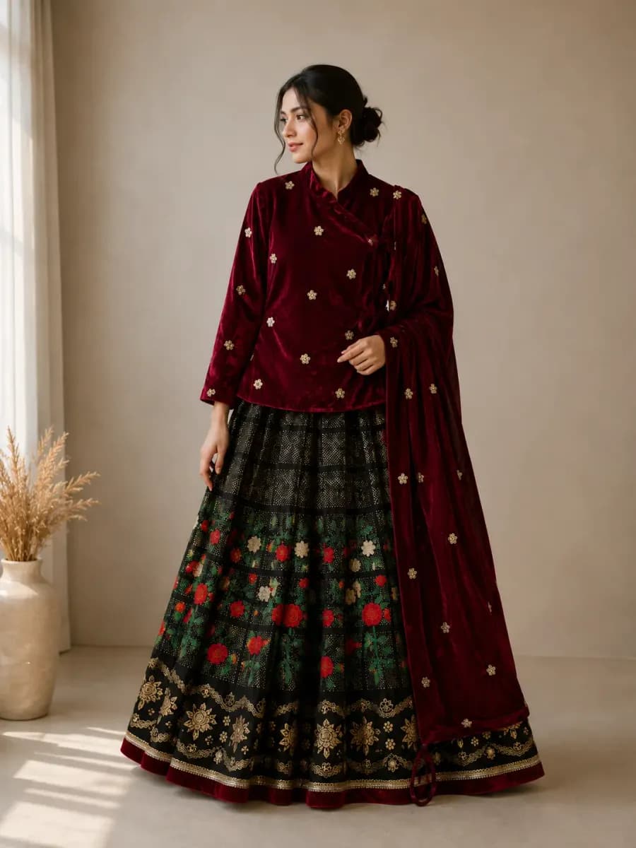 Nepali Traditional Velvet Cholo & Lehenga Set
