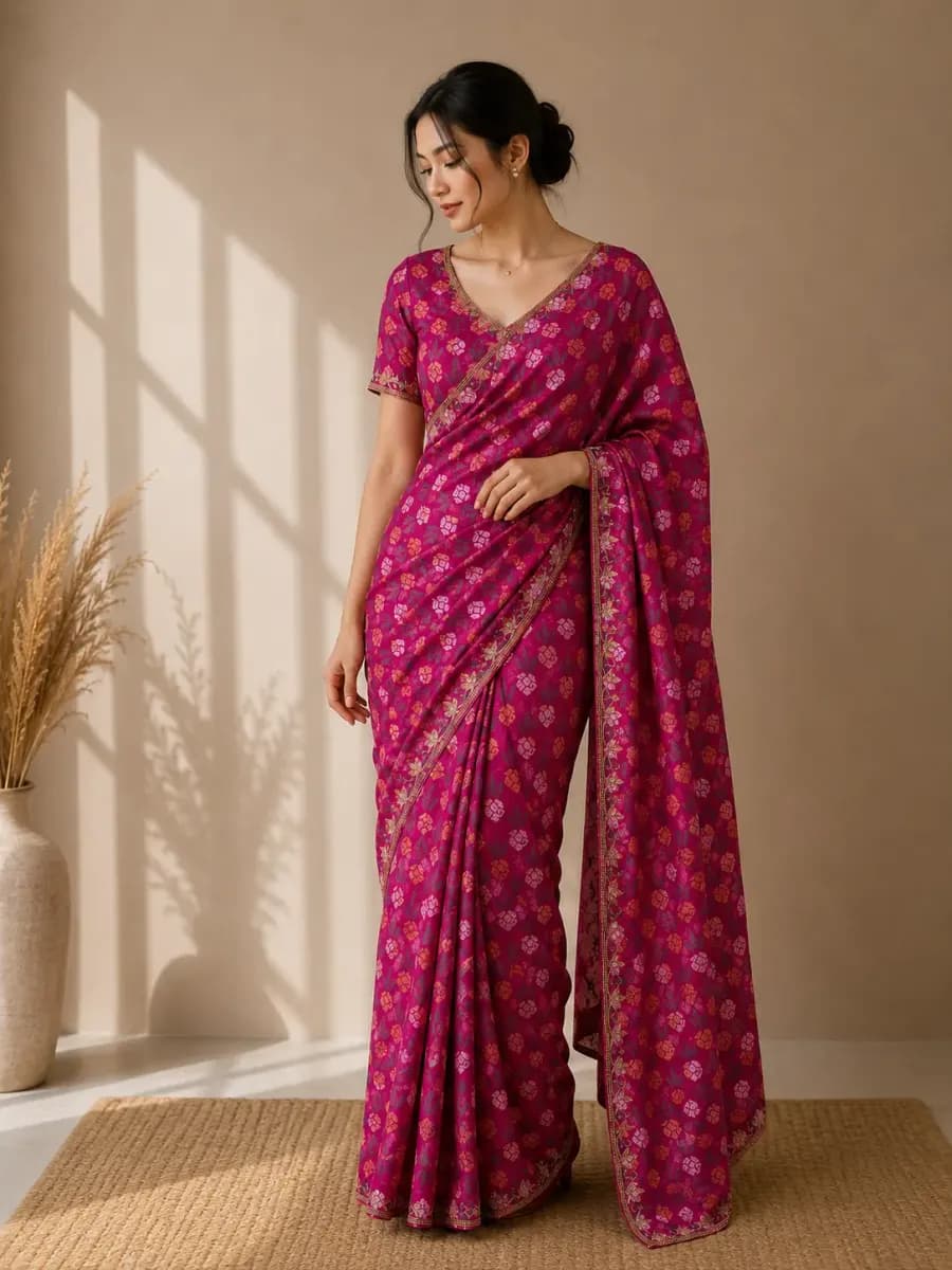 Rani Pink Floral Printed Saree with Gold Border