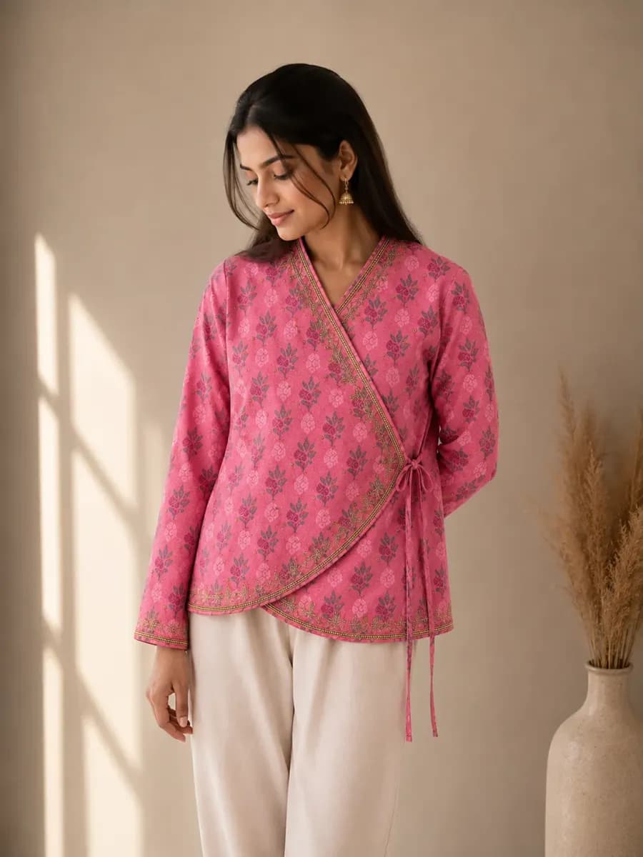 Rose Pink Nepali-Inspired Floral Wrap Top