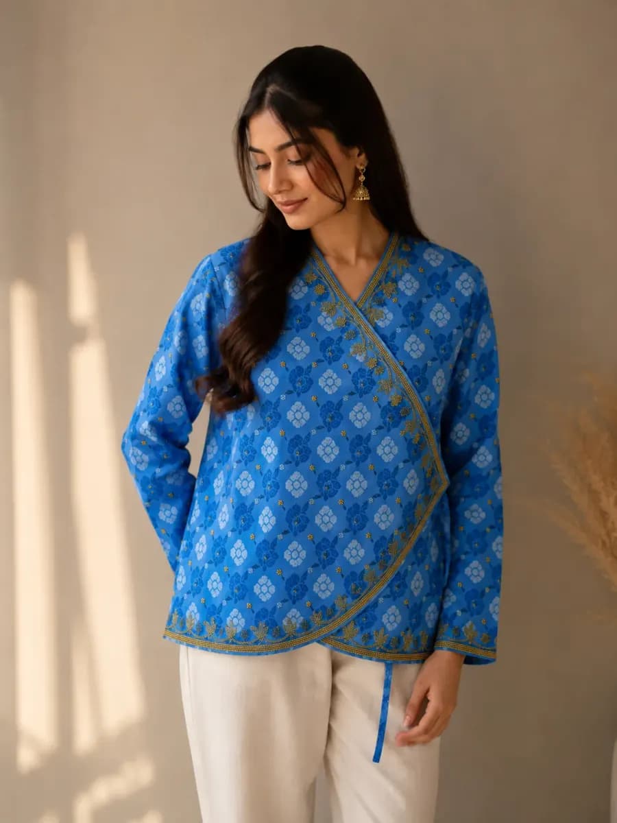 Royal Blue Nepali-Inspired Floral Wrap Top