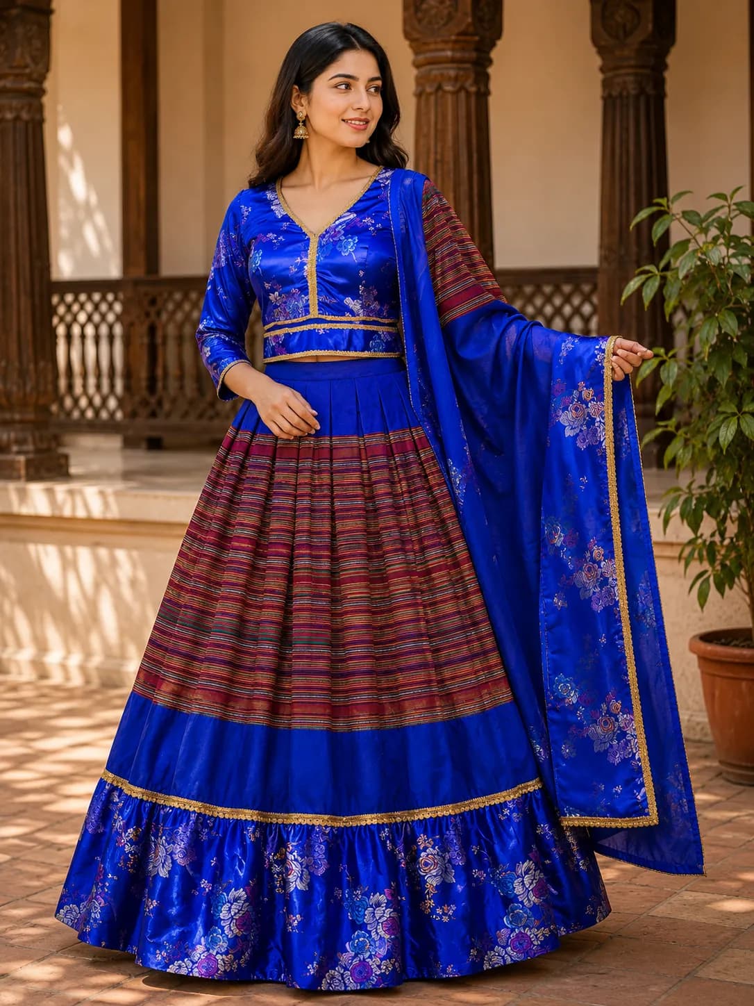 Royal Blue Silk Striped Lehenga Set