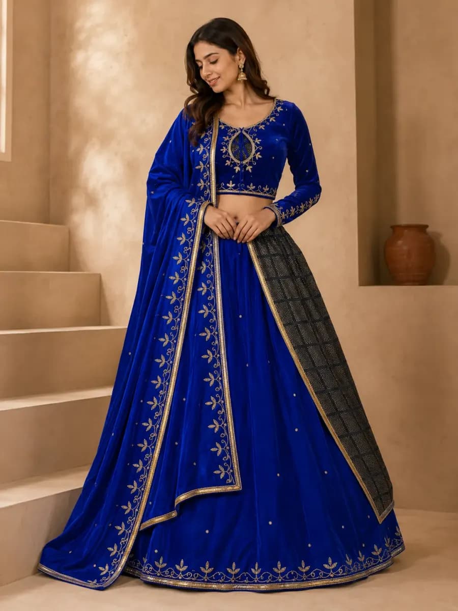 Royal Blue Velvet Embroidered Lehenga Choli Set