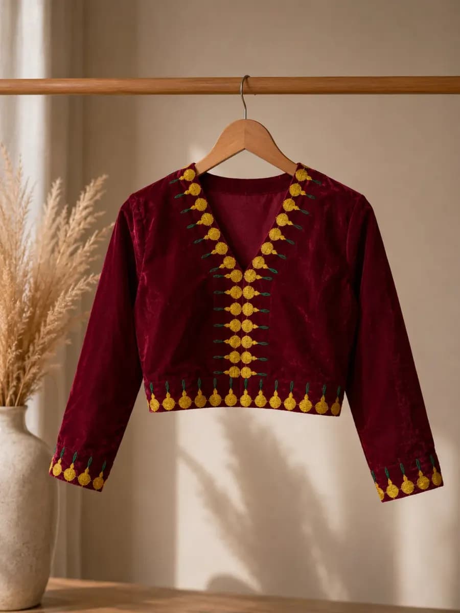 Royal Maroon Velvet Nepali-Inspired Traditional Dress Set
