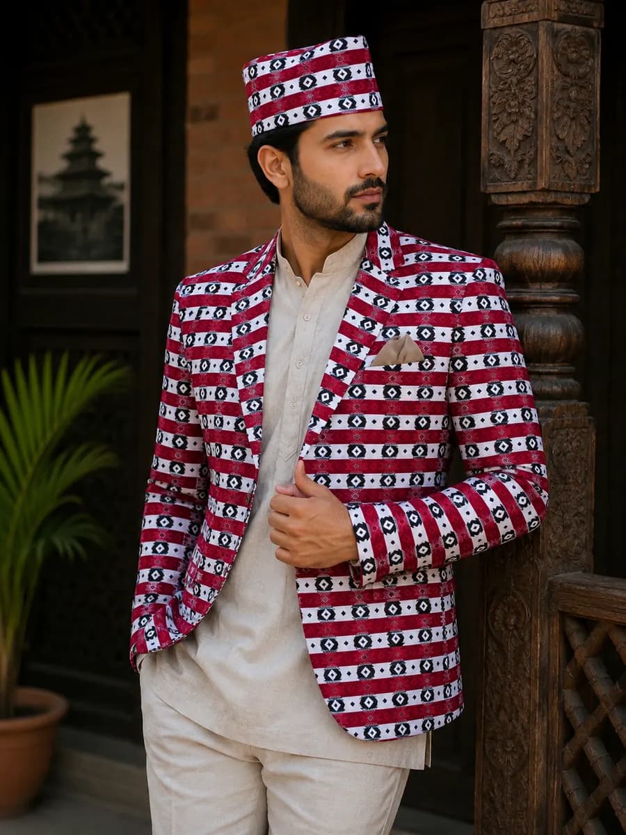 Sagarmatha Red Dhaka Blazer & Topi