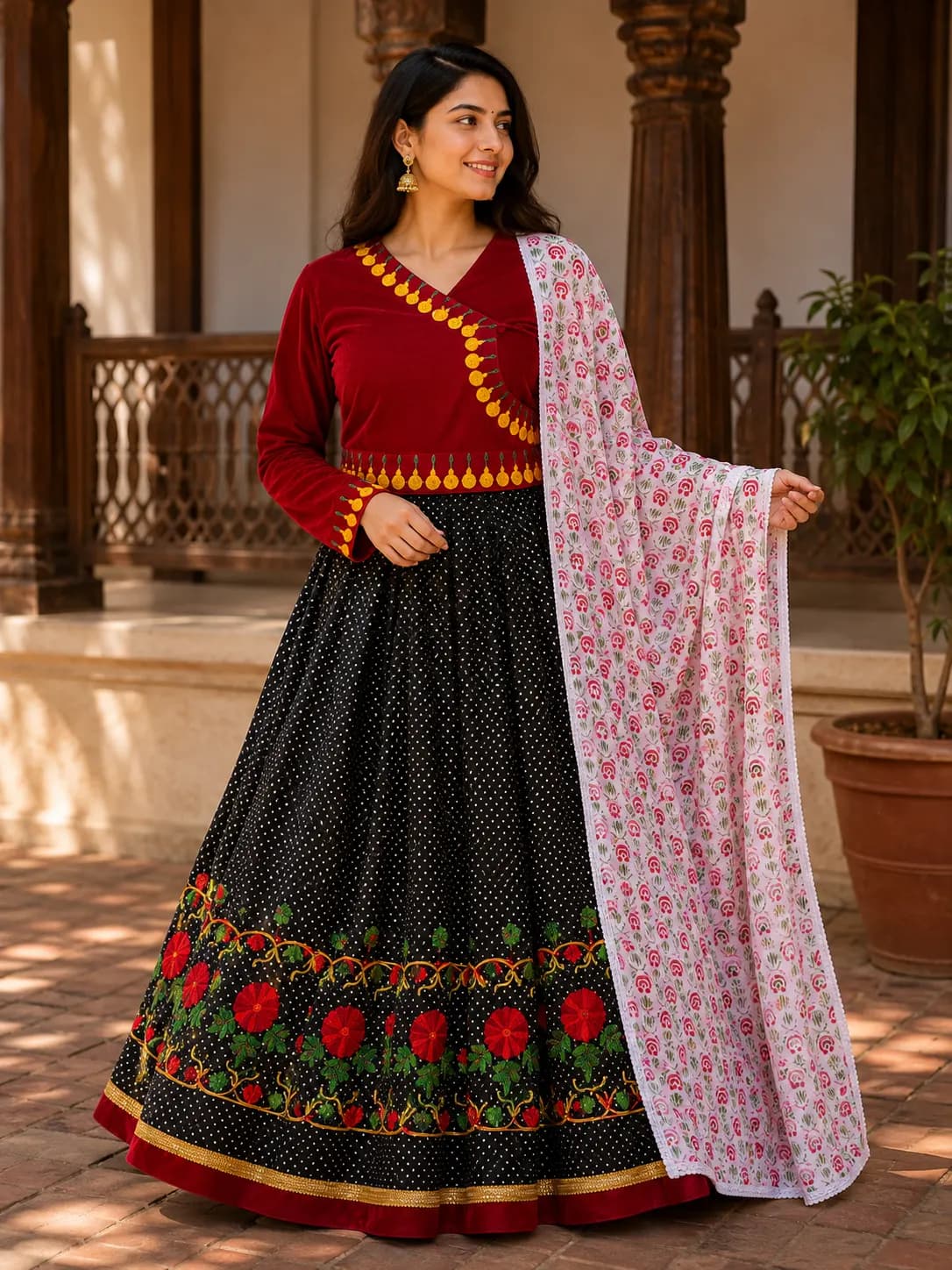 Scarlet Tassel Cholo & Polka Bloom Skirt Set