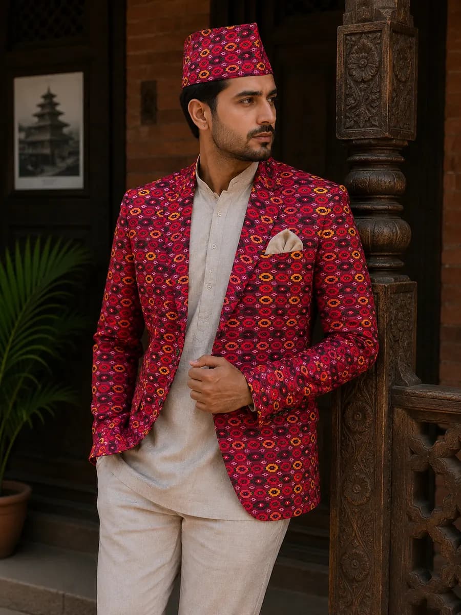 Simrik Red Dhaka Blazer & Topi