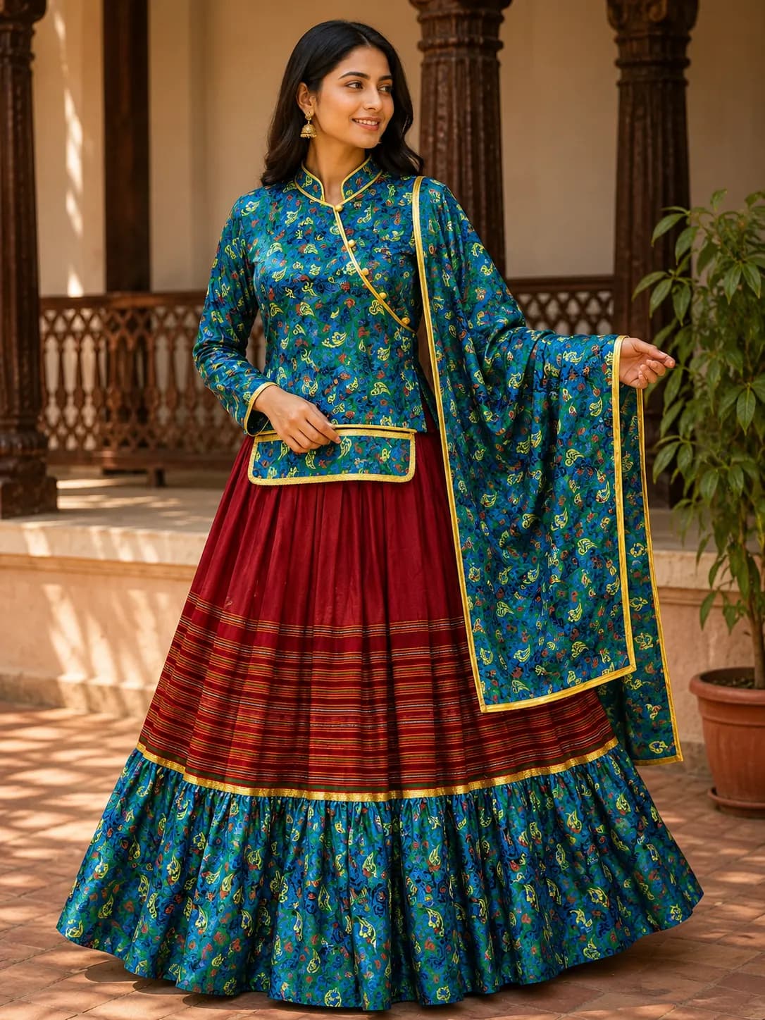 Teal Paisley Jacket Cholo & Maroon Skirt Set