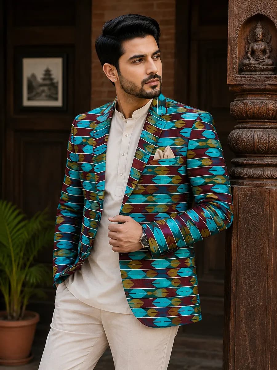 Tilicho Teal Dhaka Blazer & Topi